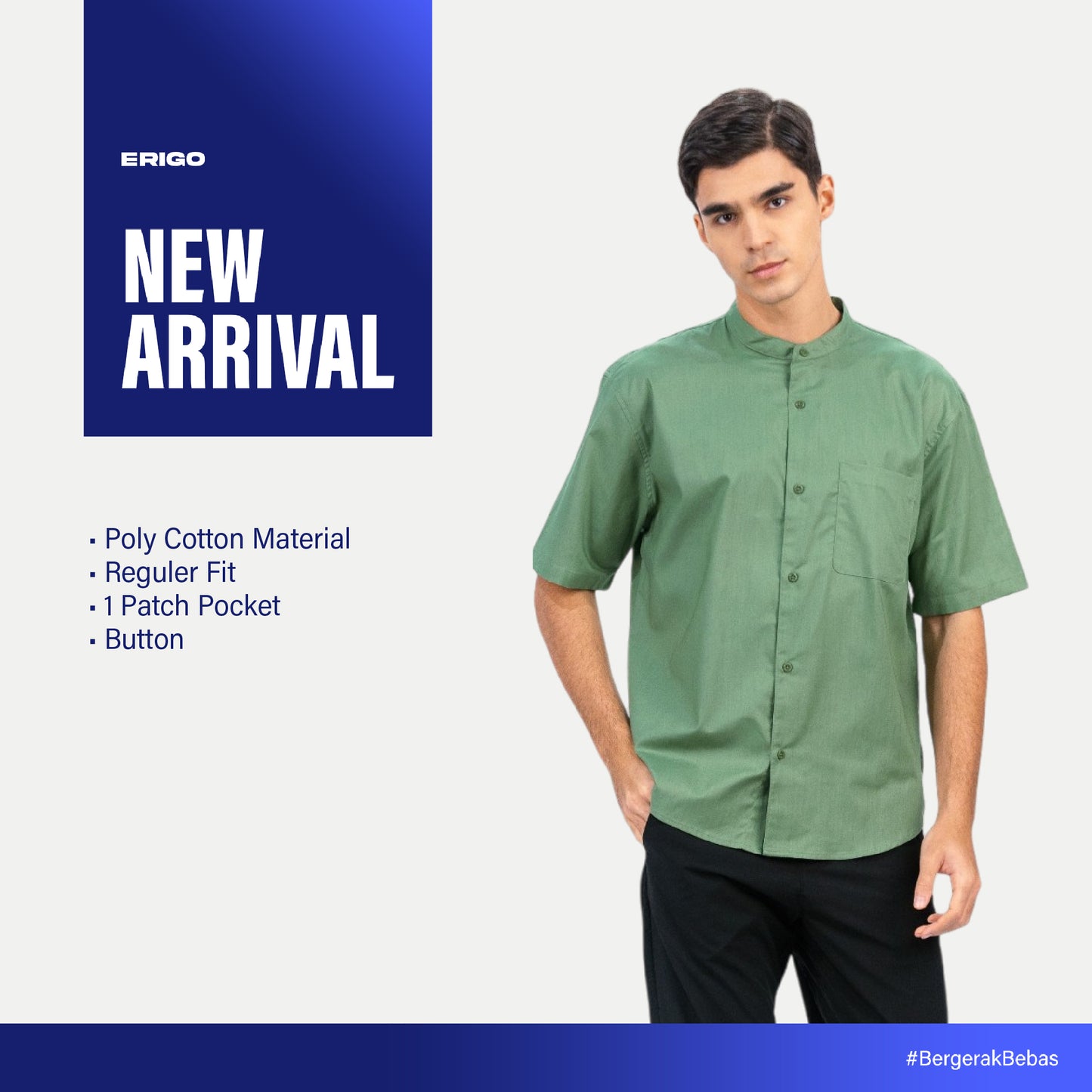 Erigo Shanghai Short Sleeve Basic Farhan Sage Green - Kemeja Koko Lengan Pendek Unisex