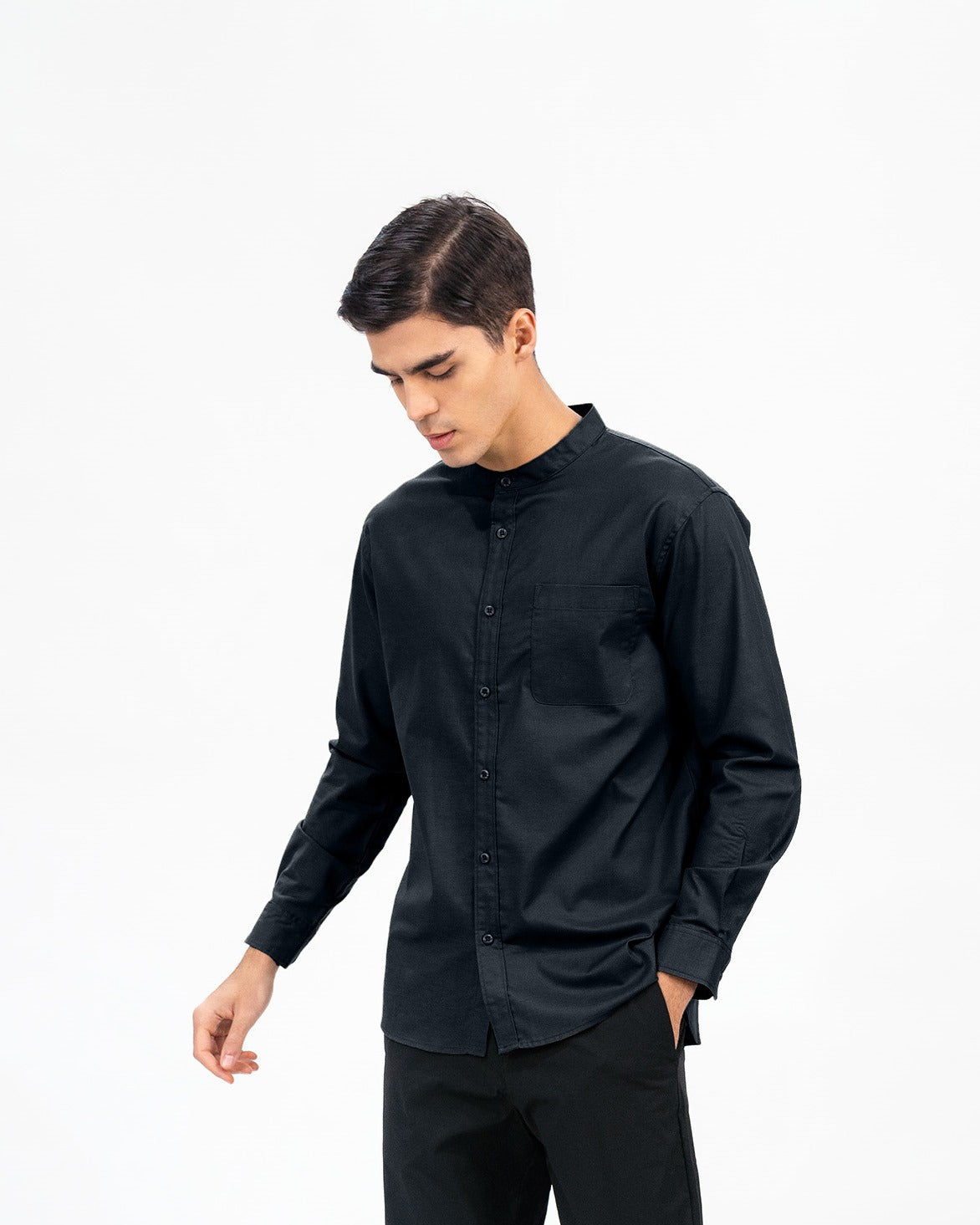 Erigo Shanghai Long Sleeve Basic Fathian Black - Kemeja Koko Lengan Panjang Unisex