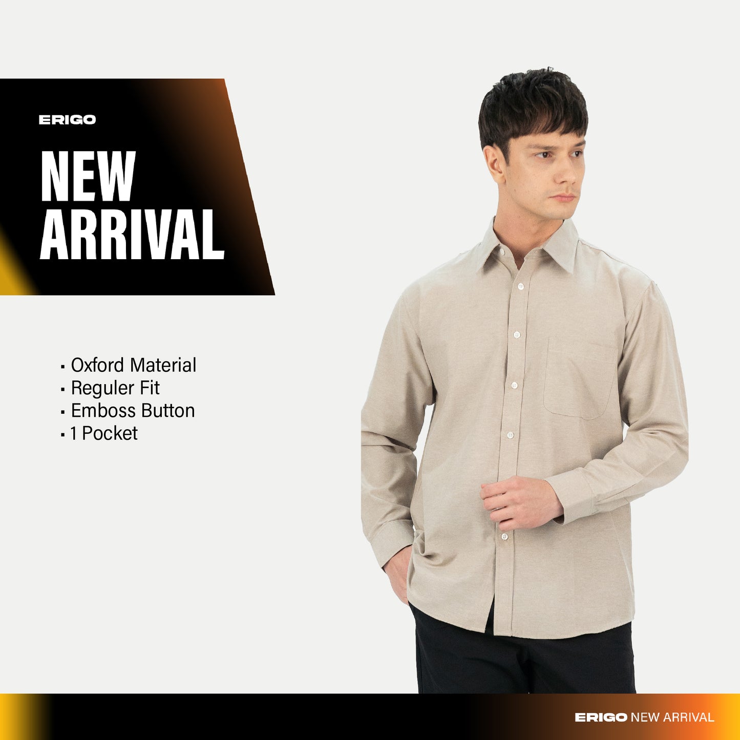 Erigo Basic Long Sleeve Shirt Blose Cream - Kemeja Lengan Panjang Oxford Unisex