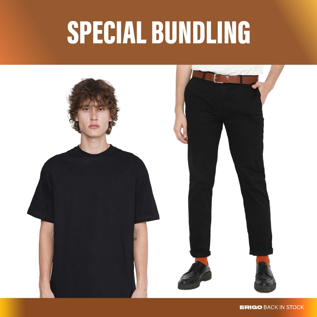 Erigo Bundling Paket Hemat Chino Pants Sirius Black + T-Shirt Basic Meghan Black Unisex