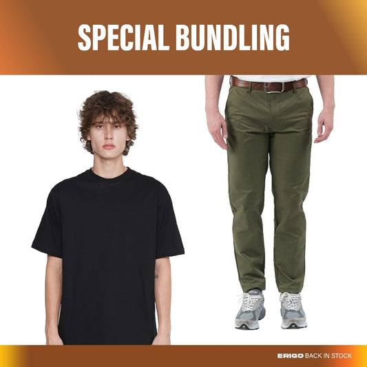 Erigo Bundling Paket Hemat Chino Pants Flexi Fit Vince Army + T-Shirt Basic Meghan Black Unisex