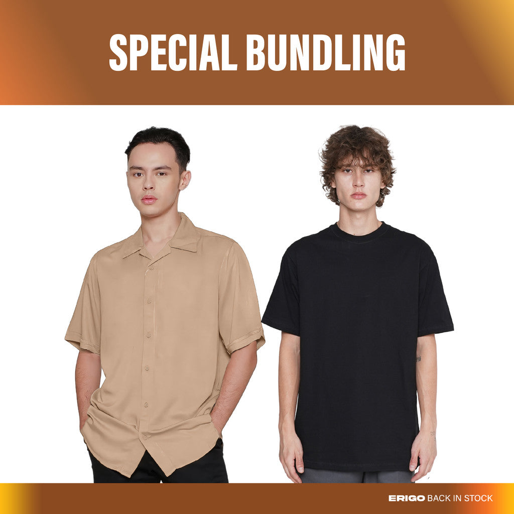 Erigo Paket Hemat Short Shirt Aera Khaki + T-Shirt Basic Meghan Black Unisex